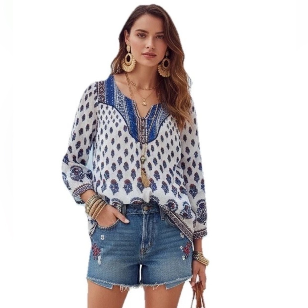 Lucky Brand Bohemian Cotton Tunic blouse with Ikat print